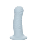 A pale blue, wavy-textured CalExotics Wave Rider Foam Short, Girthy 4.75 Inch Liquid Silicone Dildo with a curved and tapered shape, set on a sturdy base with a powerful suction cup, isolated on a white background.