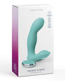 A product image of a Pipedream Products Jimmyjane Pulsus Hands-Free G-Spot Fingering Vibrator with Remote - Teal, displayed in its packaging. The packaging is predominantly white with a minimalist design and teal accents.