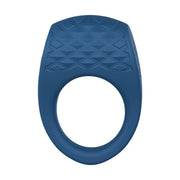 Sleek blue silicone vibrating couples' ring with textured C-stim pad and smooth ring for comfort.