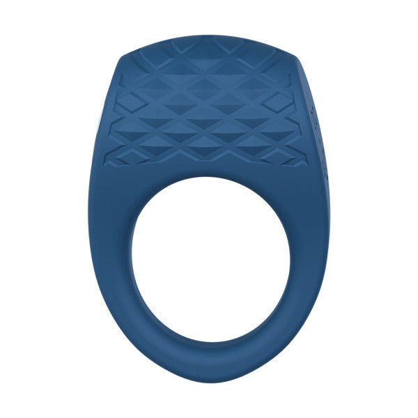 Sleek blue silicone vibrating couples' ring with textured C-stim pad and smooth ring for comfort.