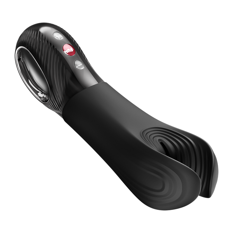 Black Fun Factory MANTA vibrating penis stroker with open-wing silicone design and control buttons.