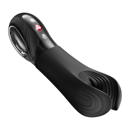 Black Fun Factory MANTA vibrating penis stroker with open-wing silicone design and control buttons.