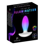 White LED butt plug glowing purple, pink, and blue, displayed in its black product box.