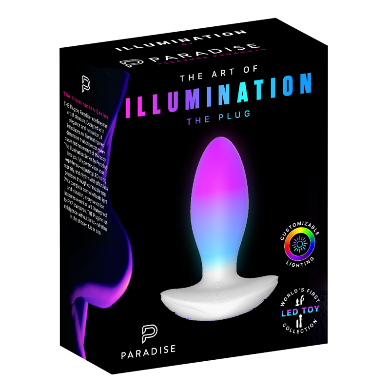 White LED butt plug glowing purple, pink, and blue, displayed in its black product box.