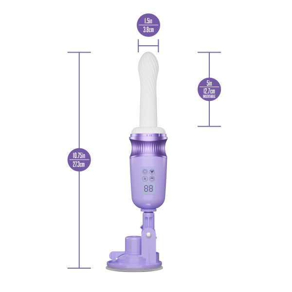 Violet Vixen warming thrusting vibrator, purple and white, with suction mount and dimensions.