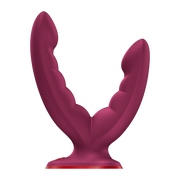 Maroon silicone Fun Factory Ryde grinding dildo with ridged, curved arms and a red suction base.