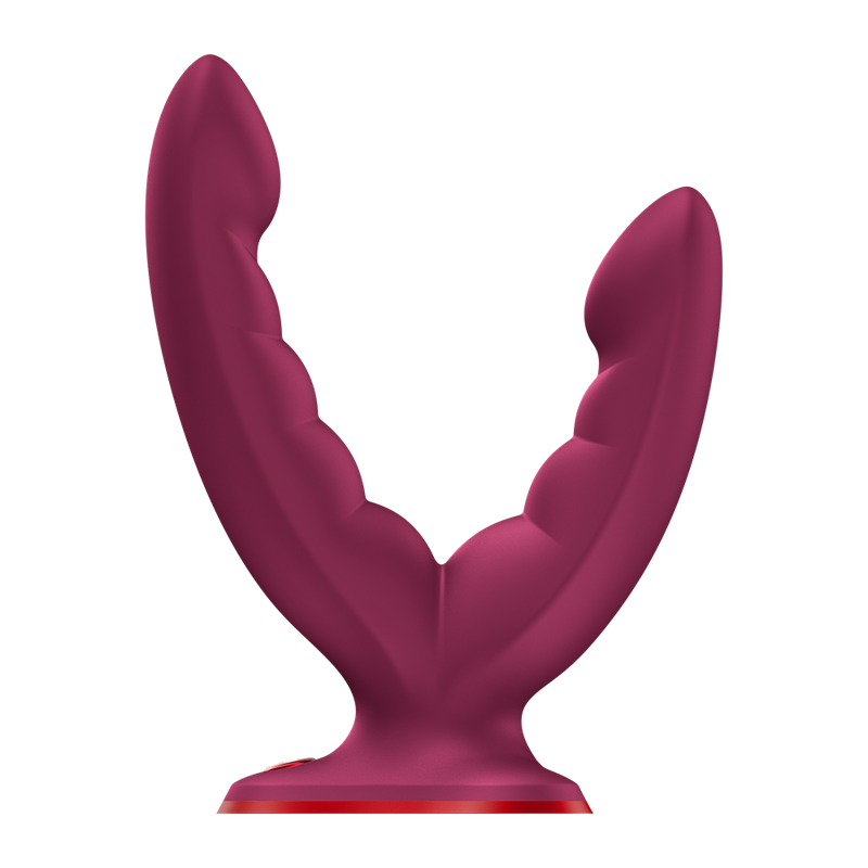 Maroon silicone Fun Factory Ryde grinding dildo with ridged, curved arms and a red suction base.