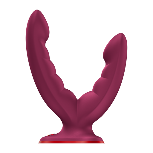 Maroon silicone Fun Factory Ryde grinding dildo with ridged, curved arms and a red suction base.