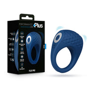 Sleek blue Flex Pro vibrating silicone couples' ring with textured C-stim pad and power button, next to its product box.