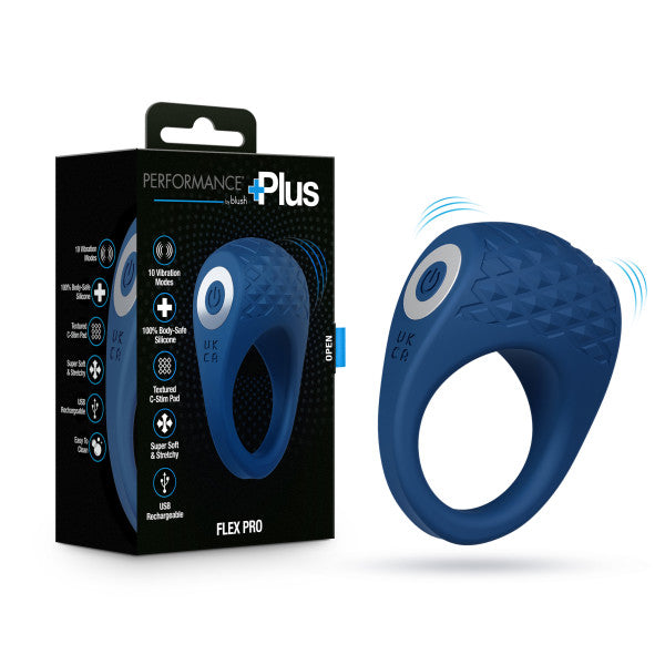 Sleek blue Flex Pro vibrating silicone couples' ring with textured C-stim pad and power button, next to its product box.