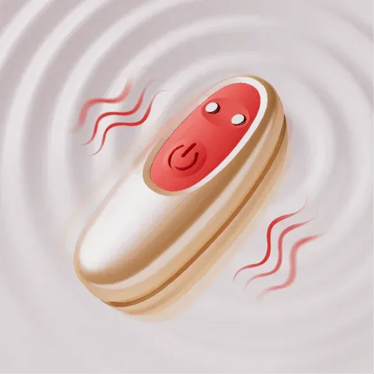 Gold and red vibrating bullet with power button, surrounded by wavy lines.