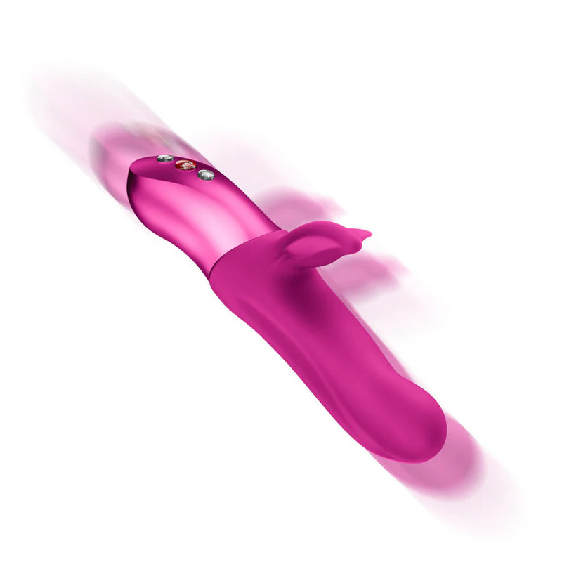 Pink silicone rabbit vibrator with metallic accents and control buttons.