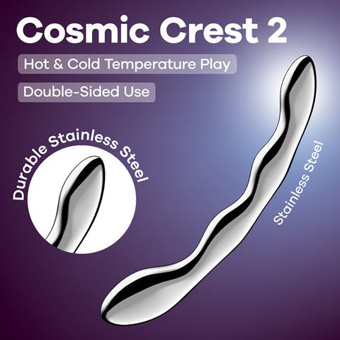 The Satisfyer Cosmic Crest 2 Stainless Steel Dildo is shown on a purple background, highlighting hot & cold temperature play, double-sided use, durable stainless steel construction, and G-spot stimulation.