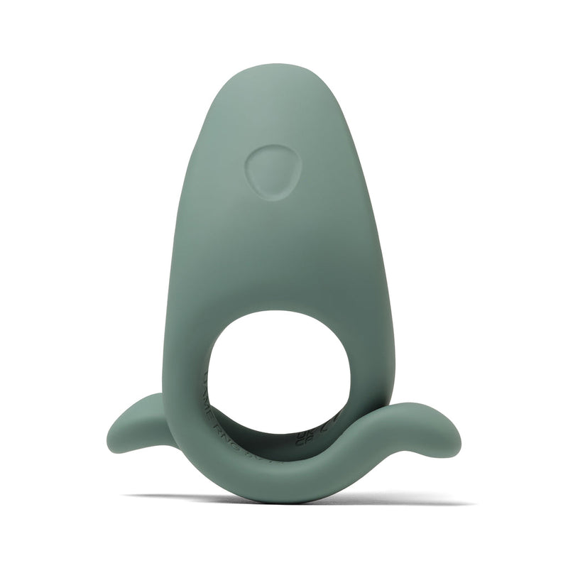 The Dame Hug Adjustable Vibrating Cock Ring for Couples, featuring a smooth matte silicone finish and two small fin-like extensions at the base, is shown photographed on a white background.