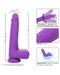 A _Silicone Stud Gyrating & Thrusting 9.5 Inch Purple Dildo_ from _CalExotics_ is shown with measurement details. It is 9.5 inches in length, 1.75 inches in diameter, and has a 5-inch circumference. Features include intense action vibration functions, realistic design, and a base material of silky liquid silicone.