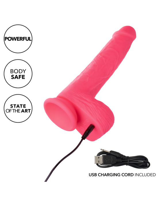 A CalExotics Silicone Stud Rumbling & Thrusting 9.5 Inch Pink Dildo made from silky silicone is shown, featuring a realistic texture and connected to a USB charging cord. Three text bubbles on the left side highlight features: "Powerful," "Body Safe," and "State of the Art.