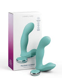 A product image featuring a teal-colored, curved Jimmyjane Pulsus Hands-Free G-Spot Fingering Vibrator with Remote - Teal and its corresponding packaging with the brand name "Pipedream Products" and product name "Jimmyjane Pulsus G-Spot" visible.