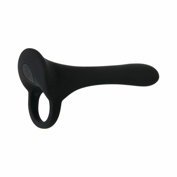 The Cock Armor Vibrating Cock Ring and Penis Support is a black silicone wearable with a looped handle and tapered shaft, ideal for couples’ play, displayed against a white background.