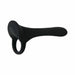 The Cock Armor Vibrating Cock Ring and Penis Support is a black silicone wearable with a looped handle and tapered shaft, ideal for couples’ play, displayed against a white background.