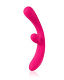 A bright pink, curved silicone Jimmyjane Reflexx Rabbit 3 First Time Slim Flexible Warming Vibrator designed for g-spot stimulation displayed against a white background.