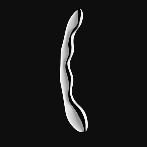 The Satisfyer Cosmic Crest 2 Stainless Steel Dildo features a sleek, abstract wavy design with a smooth, reflective surface set against a black background—its flowing curves create an organic form ideal for temperature play.
