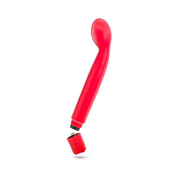 The Sexy Things Beginner Slim G-Spot Vibrator is a bright red, curved vibrator with a rounded tip and detachable battery compartment, shown against a plain white background.