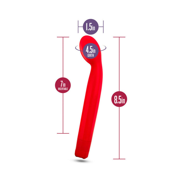 The Sexy Things Beginner Slim G-Spot Vibrator is a red, curved waterproof vibe with labeled measurements: 8.5" long, 7" insertable, 1.5" tip width, and 4.5" girth. Sleek and upright on a white background.
