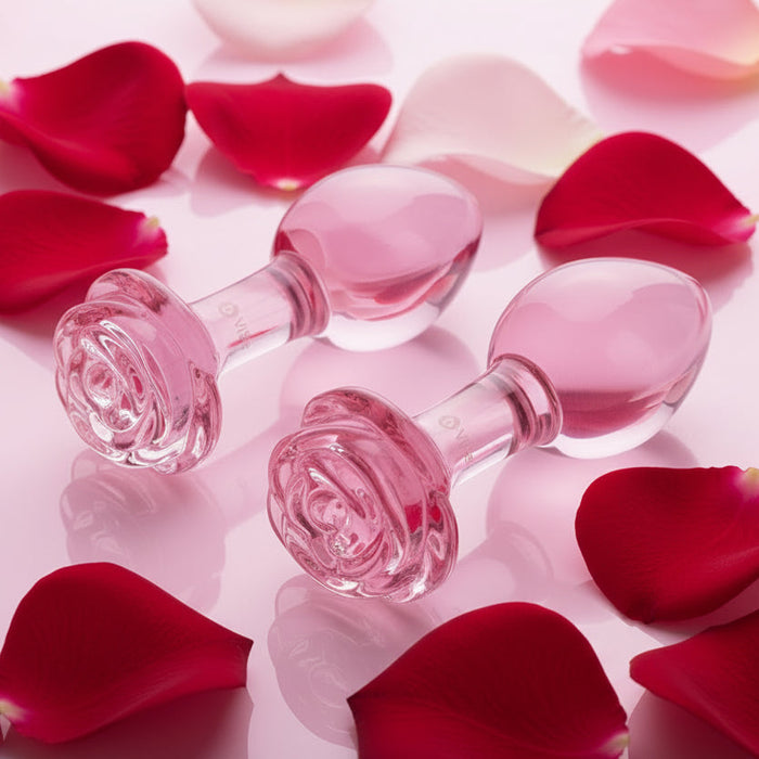 Pink Roses Glass Butt Plugs in 2 Sizes