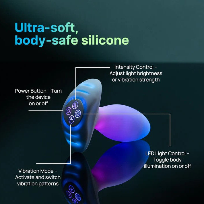 White, ultra-soft silicone butt plug with glowing LED light and control panel.