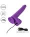 A CalExotics Silicone Stud Gyrating & Thrusting 9.5 Inch Purple Dildo with a realistic design shown upright with a USB charging cord plugged into its base. Text on the image highlights features: "Powerful," "Body Safe," and "State of the Art." Crafted from silky silicone, it comes with an extra USB charging cord displayed at the bottom.