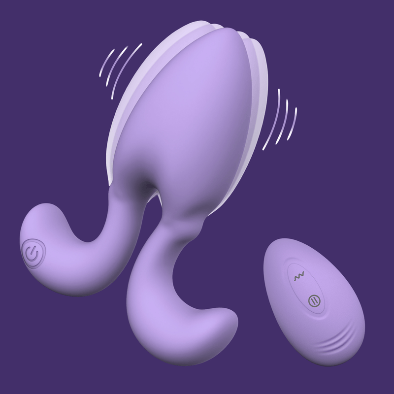 Purple silicone Dorace anal vibrator with remote, tapered tip, flared base, and ergonomic shape.