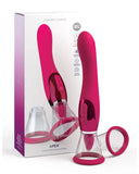 A pink vibrating massager by Pipedream Products called "Jimmyjane Apex Double Ended Licking, Sucking G-Spot Vibrator - Pink" displayed next to its packaging which highlights various awards and features for g-spot stimulation. The product comes with additional accessories like a charging stand.