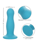 Image of a blue Wave Rider Swell Short, Girthy 5 Inch Liquid Silicone Dildo by CalExotics, with dimensions indicated. Close-up views detail the surface texture and the sturdy, strap-on harness-compatible base.