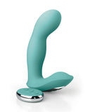 A teal-colored, curved Jimmyjane Pulsus Hands-Free G-Spot Fingering Vibrator with Remote with a silver base, featuring control buttons, isolated on a white background.