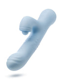 An ergonomic Blush Devin Clit Thumping G-Spot Rabbit with Shaft Rotation vibrator with a curved design and button controls.