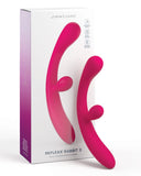 Product packaging for Pipedream Products' Jimmyjane Reflexx Rabbit 3 First Time Slim Flexible Warming Vibrator - Pink, featuring a vivid pink, dual-ended rabbit vibrator displayed beside its white box with pink accents and product details.