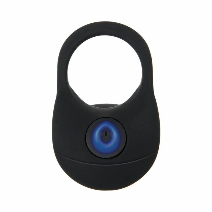 The Cock Armor Vibrating Cock Ring and Penis Support is a black, oval-shaped silicone ring with a central circular blue indicator light, displayed against a white background.