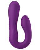 A purple, dual-ended silicone device with a smooth, curved design for ergonomic handling, featuring dual independently controlled motors and control buttons on one side - the Jimmyjane Reflexx Rabbit 1 G-Spot & Clit Hugging Warming Vibrator from Pipedream Products.