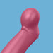 A simplified digital illustration of the Satisfyer Petting Hippo G-Spot Vibrator—a pink, rounded silicone shaft with smooth curves and subtle shading—appears against a blue background.
