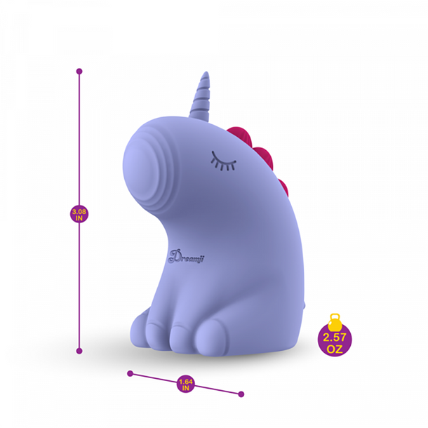 Dreamy Pulse – The Magical Unicorn Pulse Vibrator is a small, purple, body-safe silicone figurine with closed eyes, a pink mane, and a single horn. It measures 3.06" tall, 1.94" wide, weighs 2.57 oz, and is designed for gentle rhythmic stimulation.