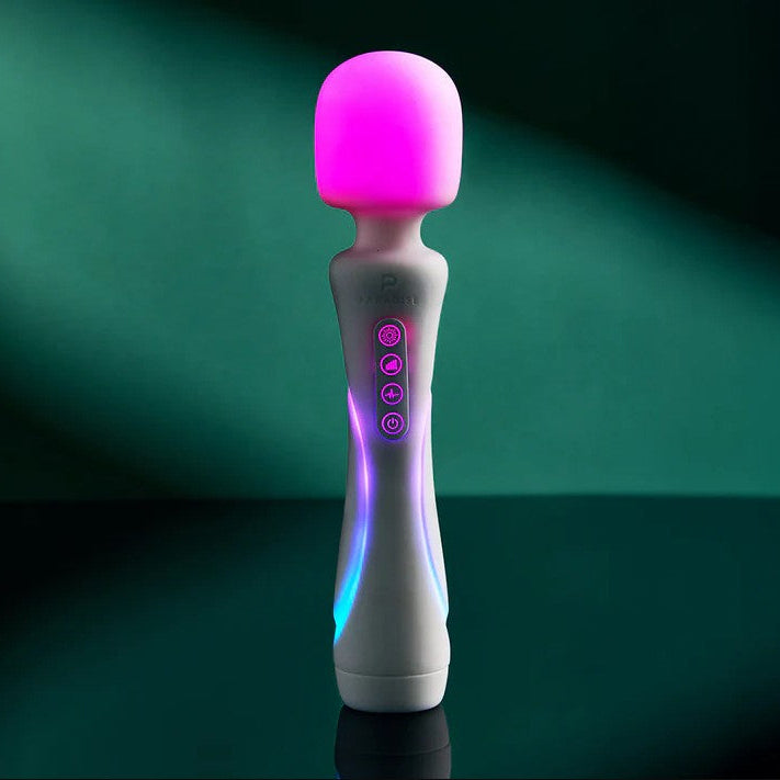 White Illumination Wand LED vibrator with a glowing pink head and rainbow light-up handle.