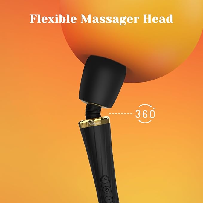 Black Tracy's Dog Hammer Wand vibrator with a flexible, rounded head and gold accents on an orange background.