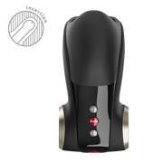 Black and gold silicone penis head vibrator with a sleek design and red control buttons.