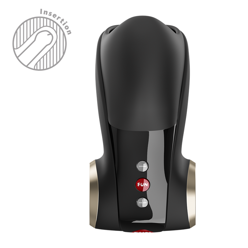 Black and gold silicone penis head vibrator with a sleek design and red control buttons.