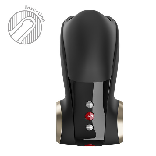 Black and gold silicone penis head vibrator with a sleek design and red control buttons.