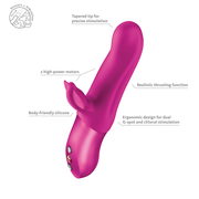 Pink silicone Bi Stronic Fusion rabbit vibrator with tapered tip, fluttering wings, and control buttons.