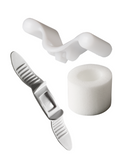Three white plastic objects: a cable clip, a knife with a brush on the handle tip, and a Male Edge Jes Penis Extender Light for Beginners - Natural Traction Penis Enlarger, all isolated on a white background.