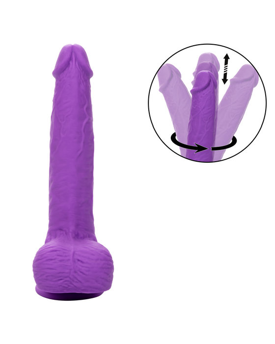 CalExotics Silicone Stud Gyrating & Thrusting 9.5 Inch Purple Dildo made of silky silicone with detailed texture and a suction base. A circular inset shows a close-up of the toy demonstrating its flexibility and rotatable feature, indicated by arrows pointing in up-and-down and rotational directions for intense action.
