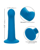 Image of a Wave Rider Ripple First Time G-Spot and Prostate Silicone Dildo by CalExotics with a wavy texture and a powerful suction cup base. Includes close-up views of the texture and base, and dimensions are provided.