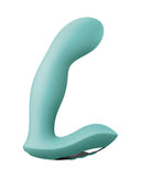 A Jimmyjane Pulsus Hands-Free G-Spot Fingering Vibrator with Remote in teal color, isolated on a white background, designed with a curved shape for ergonomic use.